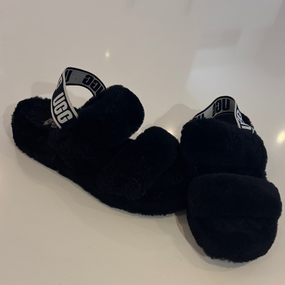 UGG Black Fluffy Slippers with Logo Band